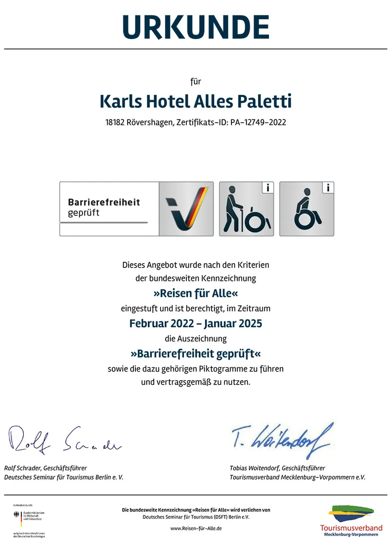 Zertifikat Barrierefreiheit Hotel Alles Paletti